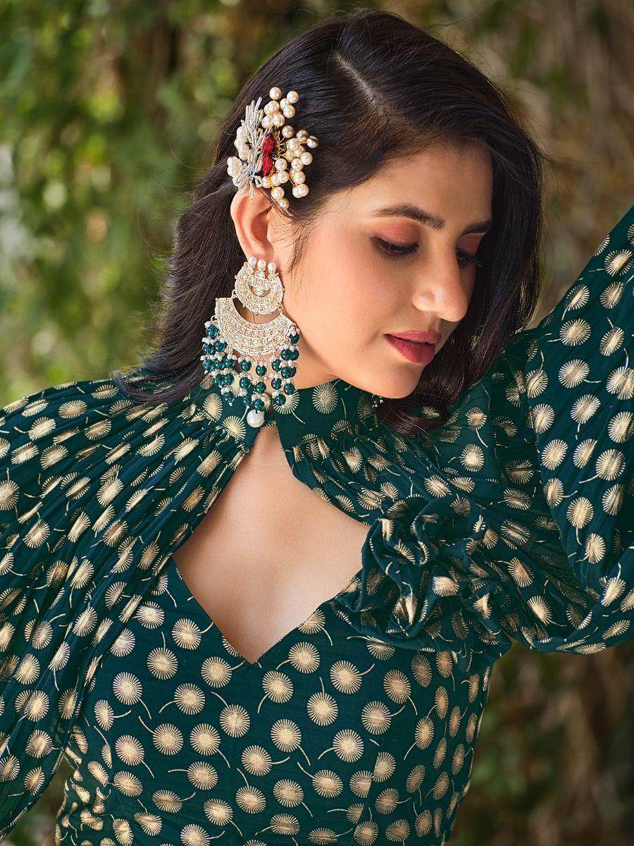 Stunning Green Foil Work Georgette Skirt Crop Top With Jacket - Zeel Clothing