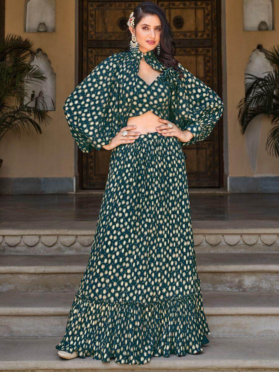 Stunning Green Foil Work Georgette Skirt Crop Top With Jacket - Zeel Clothing