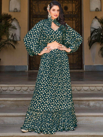 Stunning Green Foil Work Georgette Skirt Crop Top With Jacket - Zeel Clothing