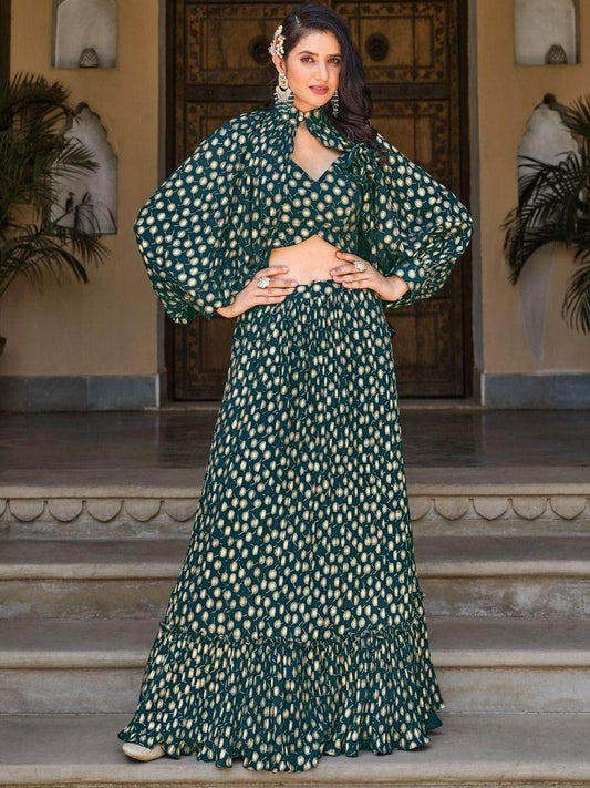 Stunning Green Foil Work Georgette Skirt Crop Top With Jacket - Zeel Clothing