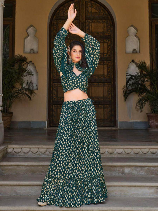 Stunning Green Foil Work Georgette Skirt Crop Top With Jacket - Zeel Clothing
