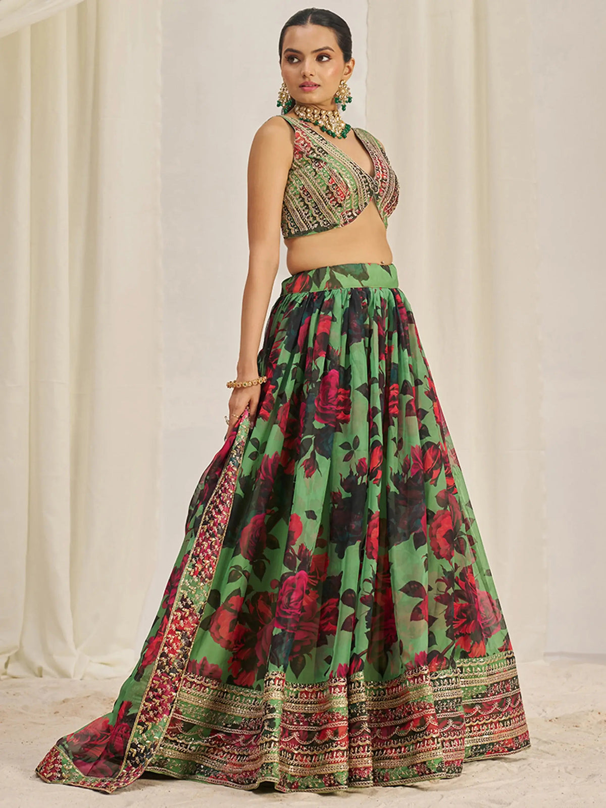 Stunning Light Green Printed Organza Event Wear Lehenga Choli - Zeel Clothing
