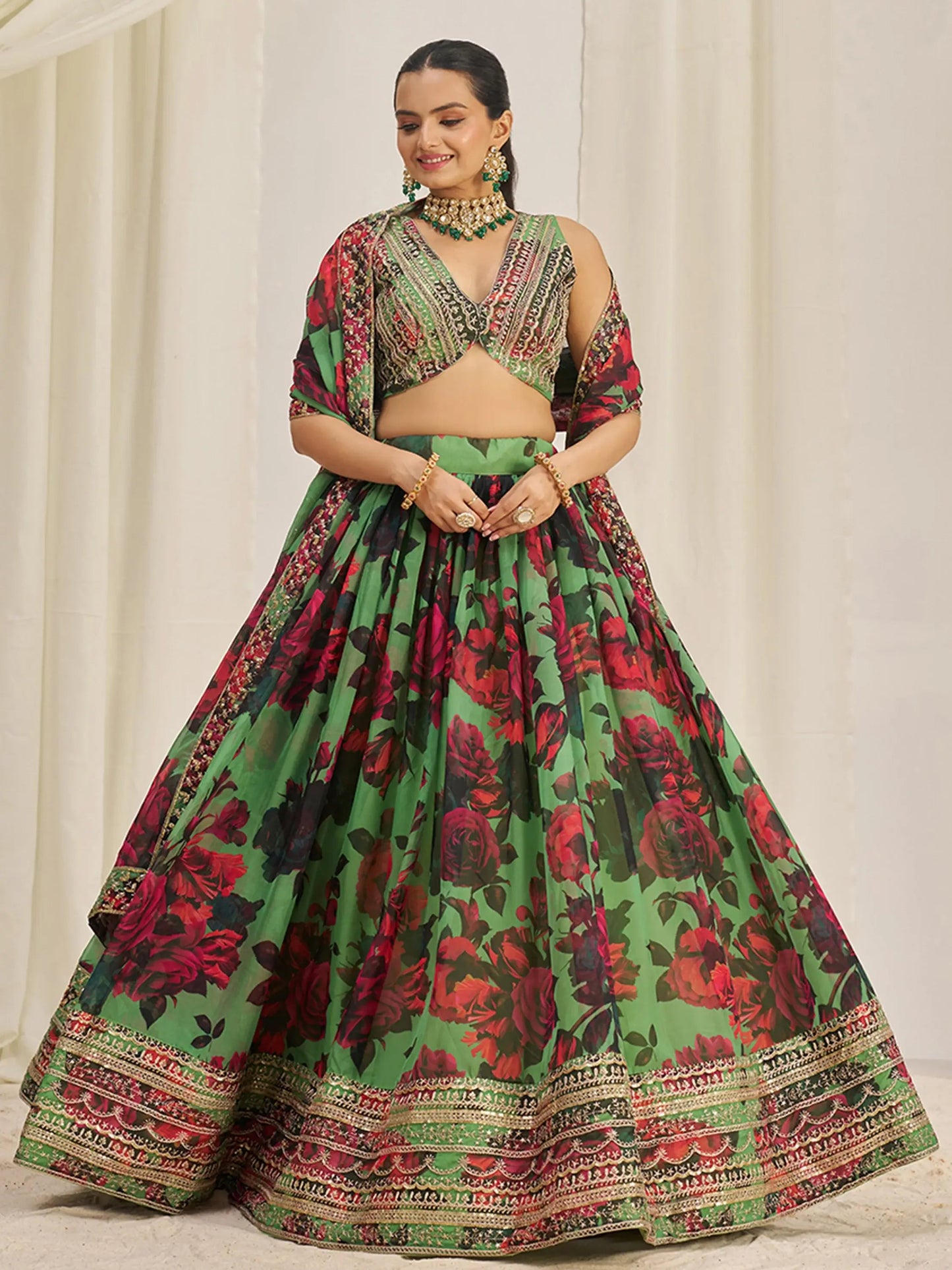 Stunning Light Green Printed Organza Event Wear Lehenga Choli - Zeel Clothing