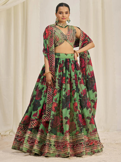 Stunning Light Green Printed Organza Event Wear Lehenga Choli - Zeel Clothing