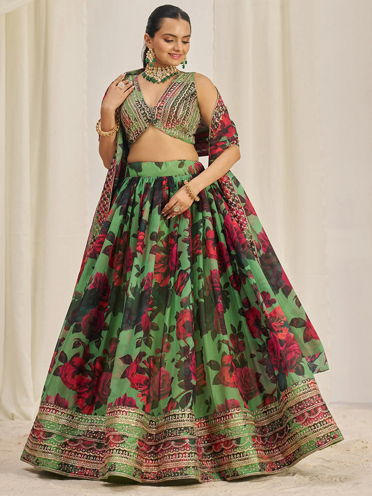 Stunning Light Green Printed Organza Event Wear Lehenga Choli - Zeel Clothing
