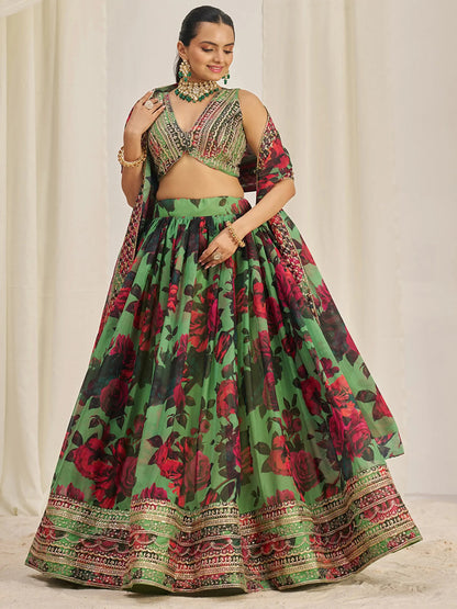Stunning Light Green Printed Organza Event Wear Lehenga Choli - Zeel Clothing