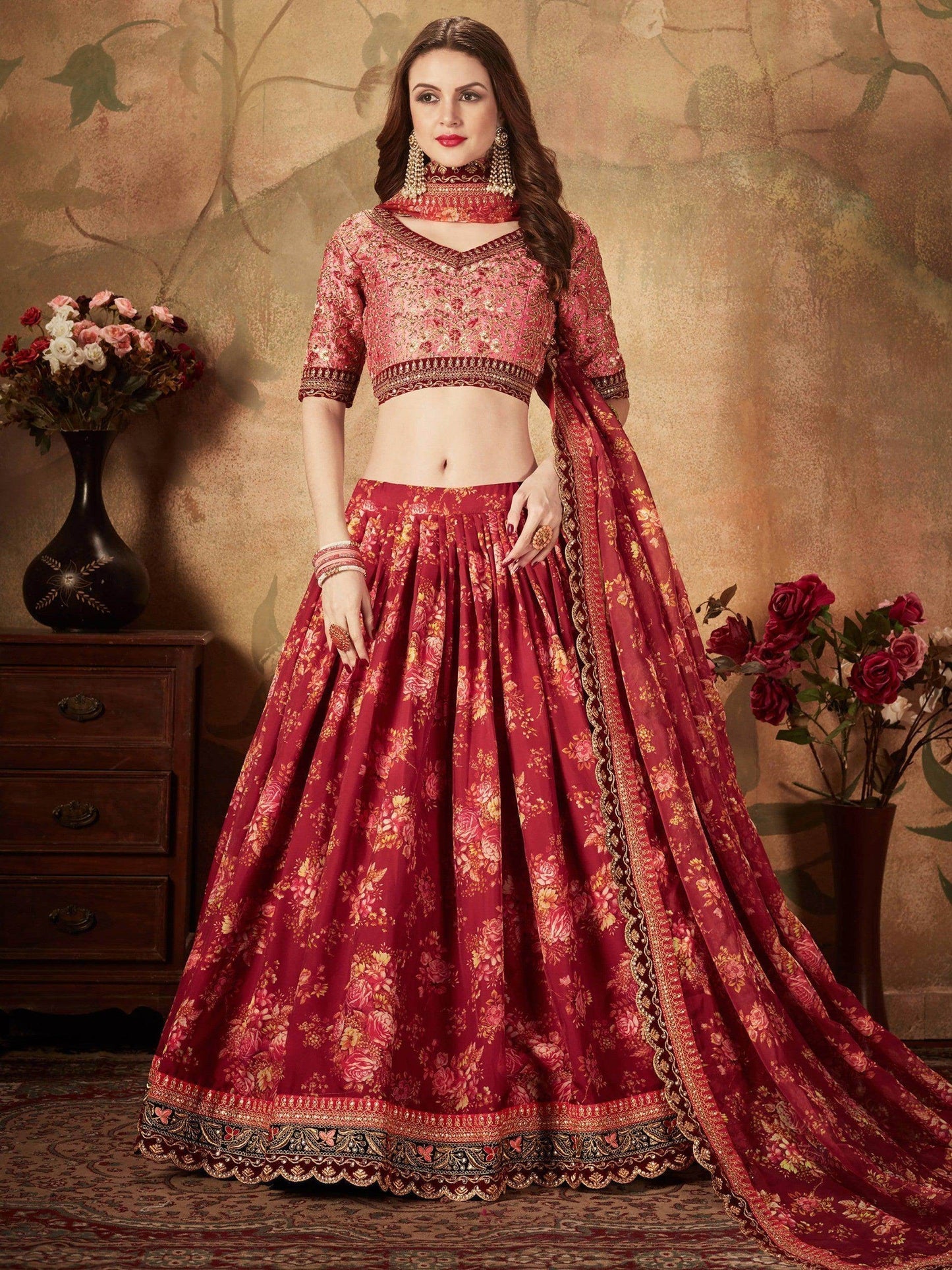 Stunning Maroon Floral Print Organza Silk Wedding Lehenga Choli With Peach Blouse - Zeel Clothing