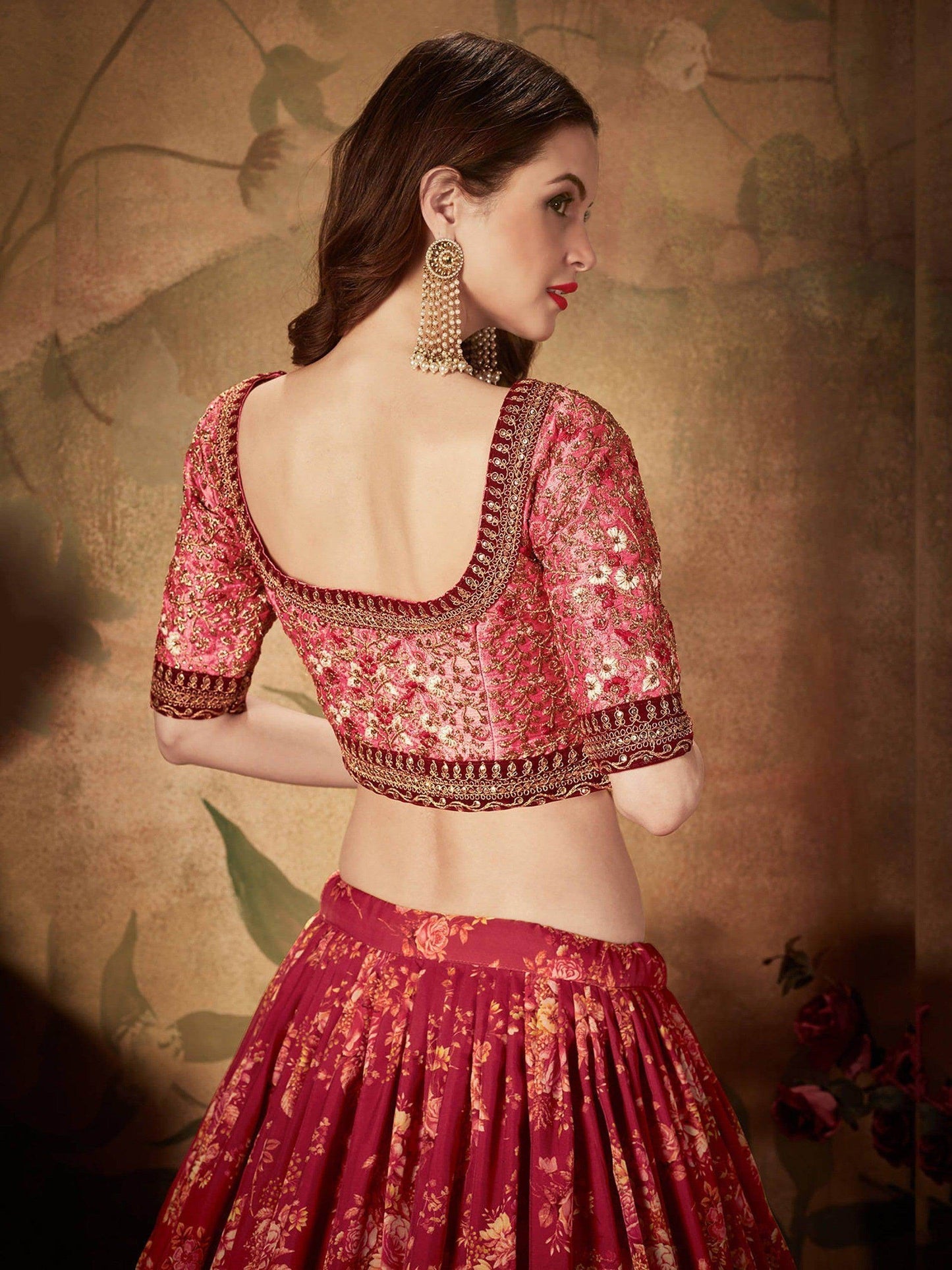 Stunning Maroon Floral Print Organza Silk Wedding Lehenga Choli With Peach Blouse - Zeel Clothing