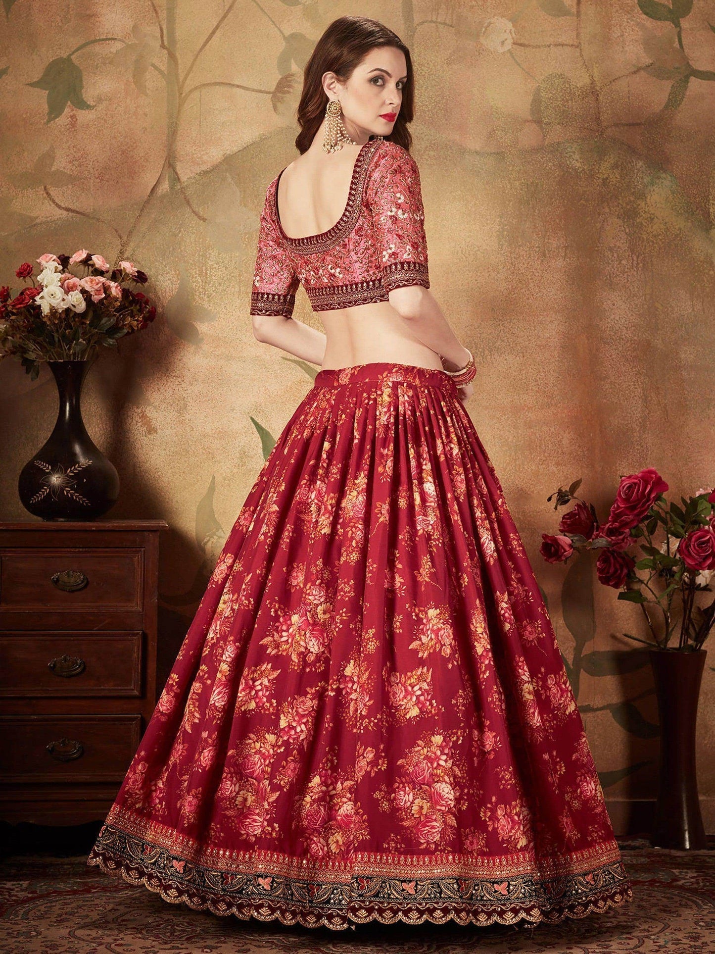 Stunning Maroon Floral Print Organza Silk Wedding Lehenga Choli With Peach Blouse - Zeel Clothing