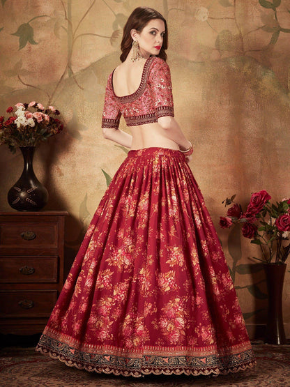 Stunning Maroon Floral Print Organza Silk Wedding Lehenga Choli With Peach Blouse - Zeel Clothing