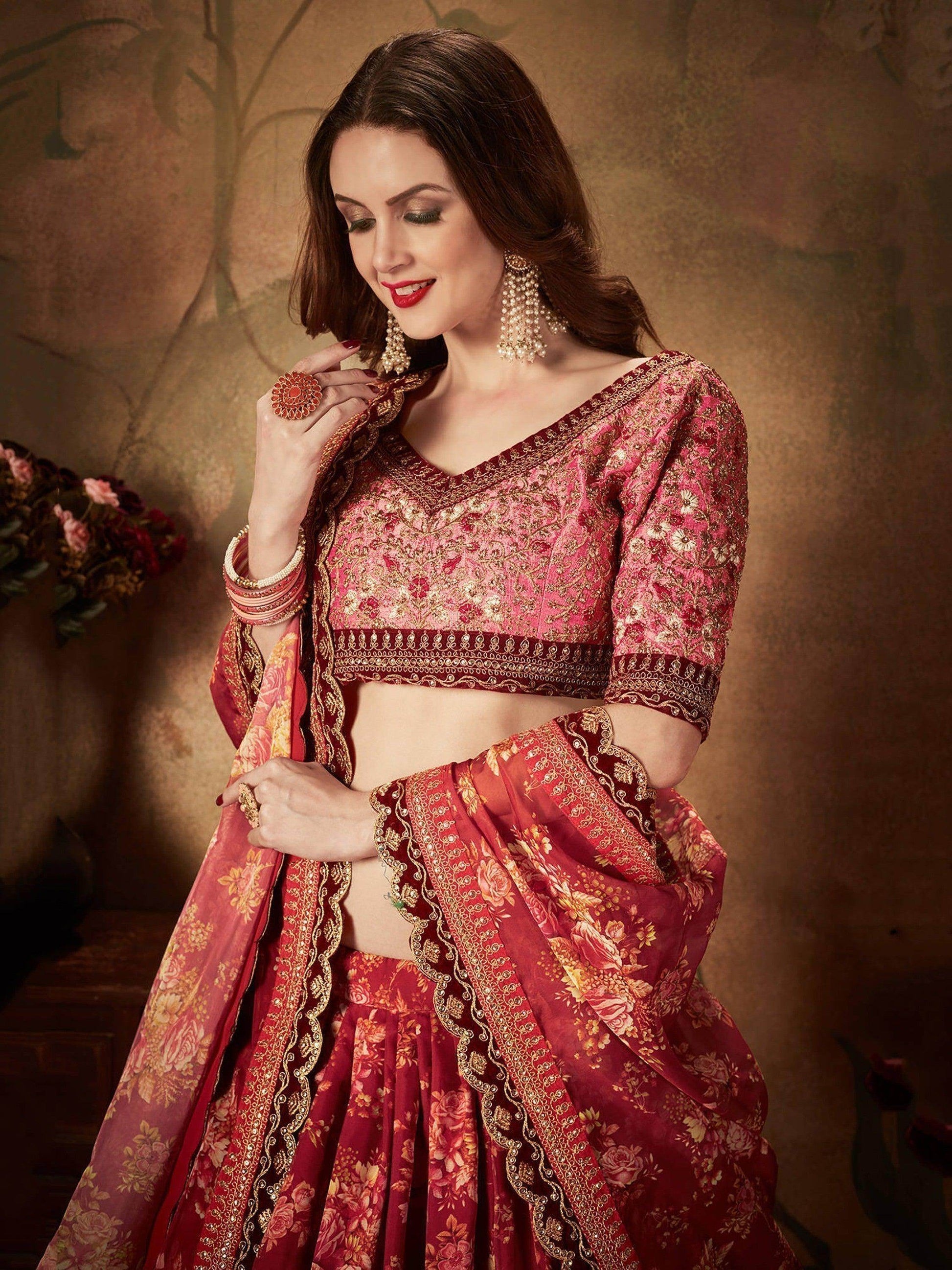 Stunning Maroon Floral Print Organza Silk Wedding Lehenga Choli With Peach Blouse - Zeel Clothing