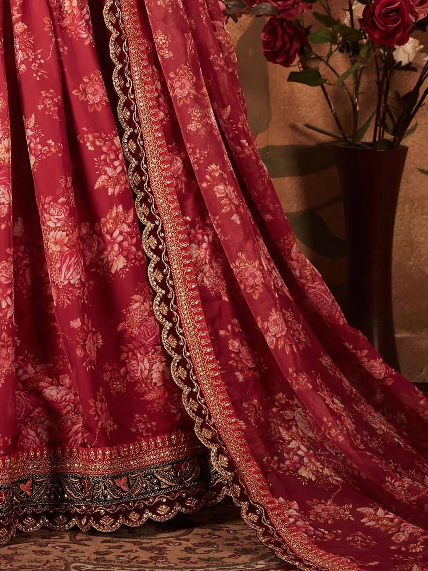 Stunning Maroon Floral Print Organza Silk Wedding Lehenga Choli With Peach Blouse - Zeel Clothing