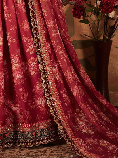 Stunning Maroon Floral Print Organza Silk Wedding Lehenga Choli With Peach Blouse - Zeel Clothing