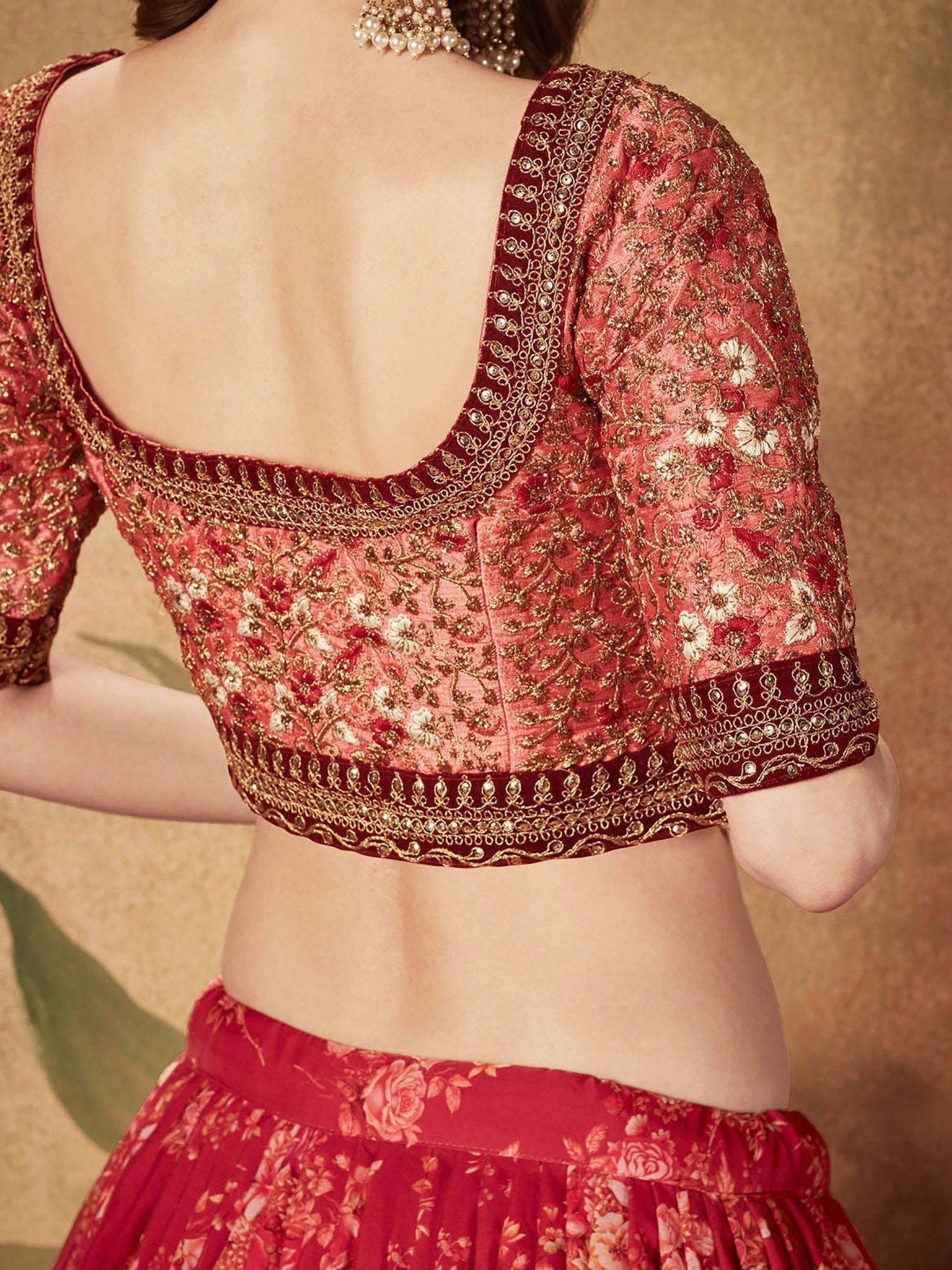 Stunning Maroon Floral Print Organza Silk Wedding Lehenga Choli With Peach Blouse - Zeel Clothing