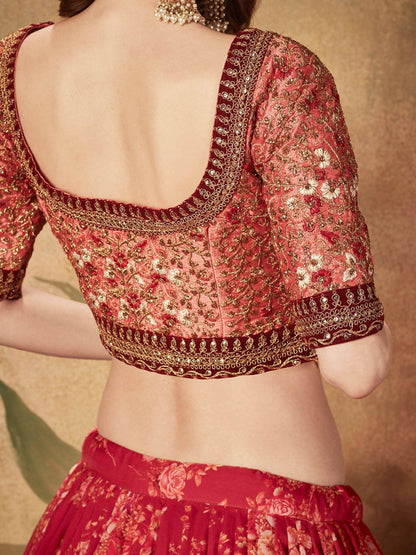 Stunning Maroon Floral Print Organza Silk Wedding Lehenga Choli With Peach Blouse - Zeel Clothing