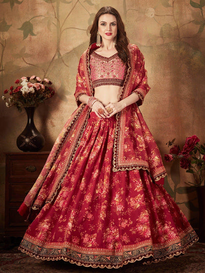 Stunning Maroon Floral Print Organza Silk Wedding Lehenga Choli With Peach Blouse - Zeel Clothing