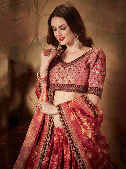 Stunning Maroon Floral Print Organza Silk Wedding Lehenga Choli With Peach Blouse - Zeel Clothing