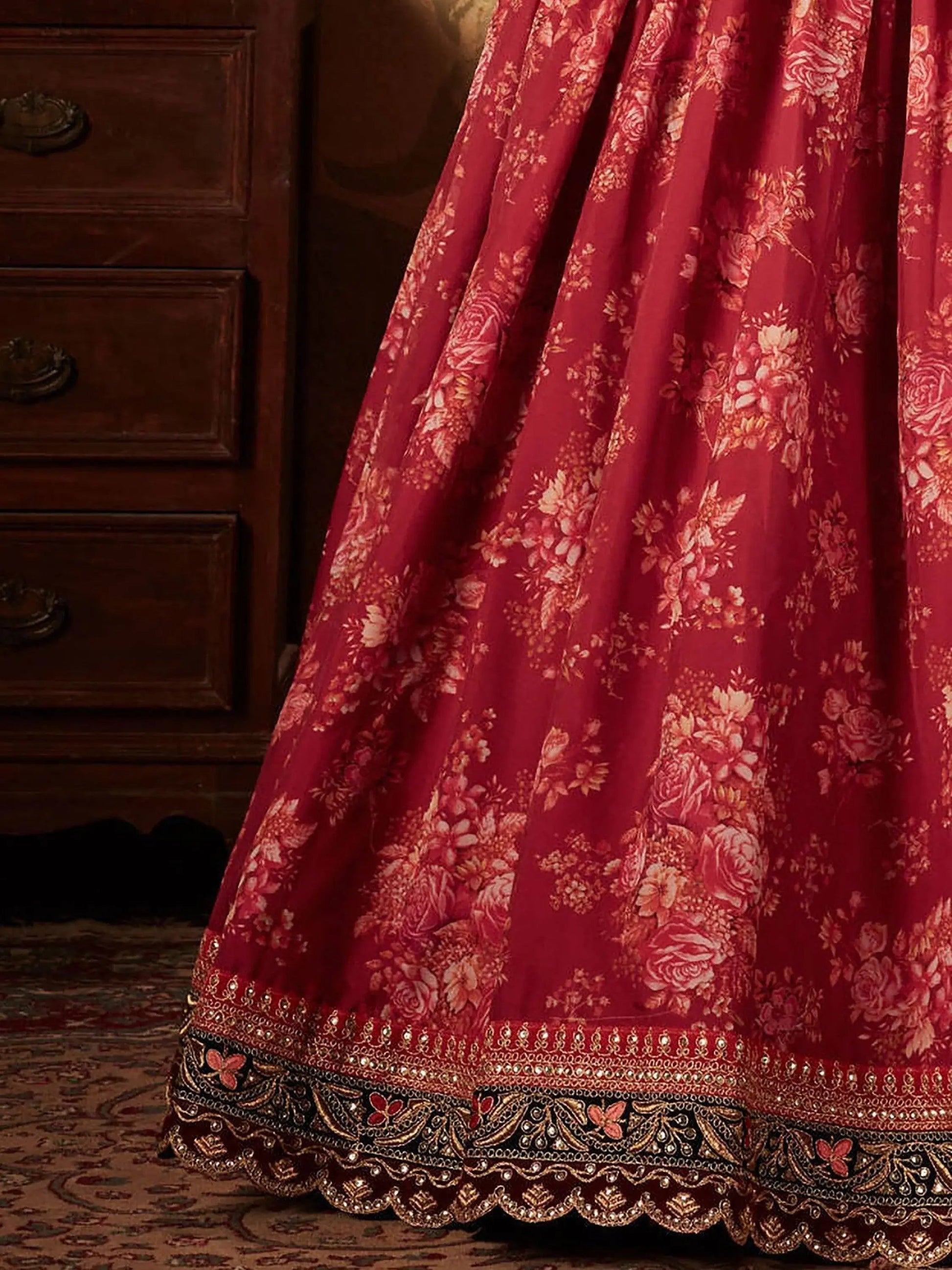 Stunning Maroon Floral Print Organza Silk Wedding Lehenga Choli With Peach Blouse - Zeel Clothing