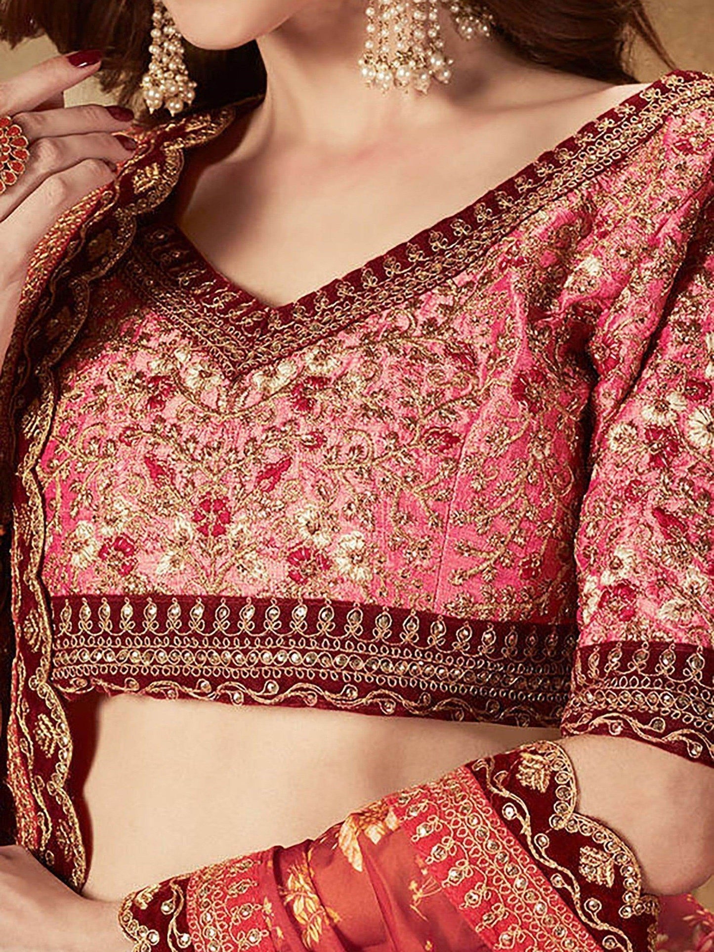 Stunning Maroon Floral Print Organza Silk Wedding Lehenga Choli With Peach Blouse - Zeel Clothing