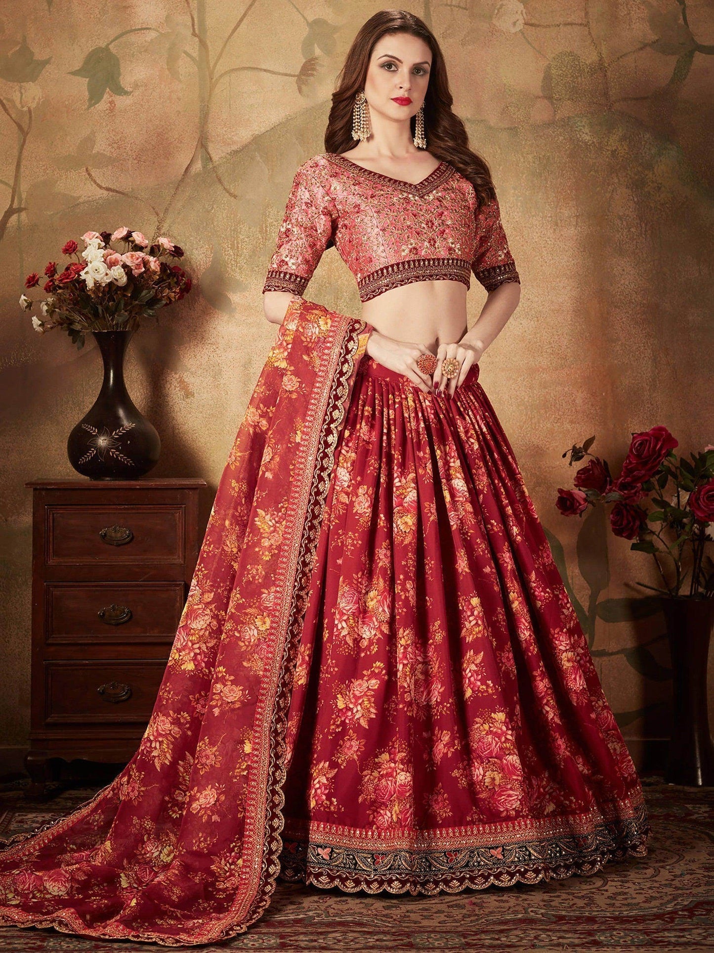 Stunning Maroon Floral Print Organza Silk Wedding Lehenga Choli With Peach Blouse - Zeel Clothing