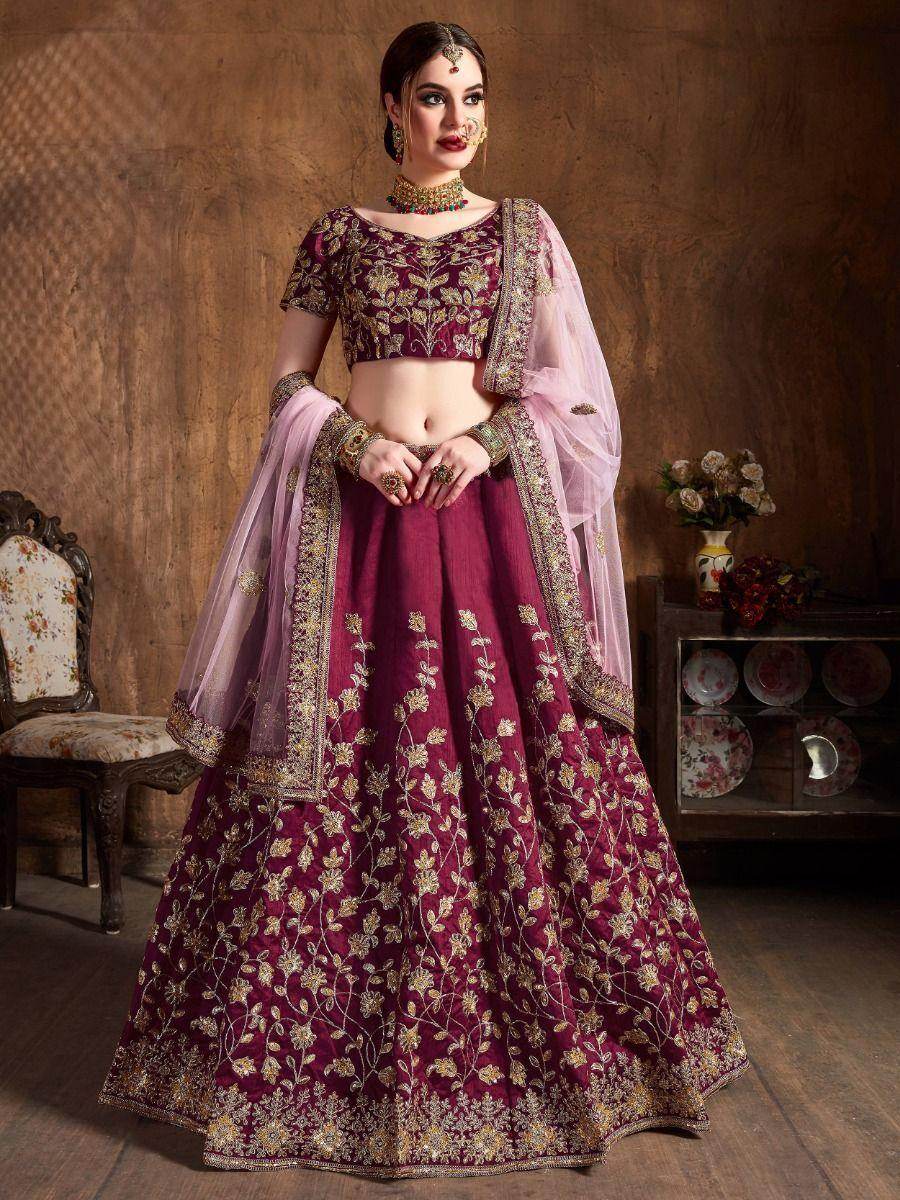 Stunning Maroon Sequins Raw Silk Lehenga Choli With Soft Net Dupatta - Zeel Clothing