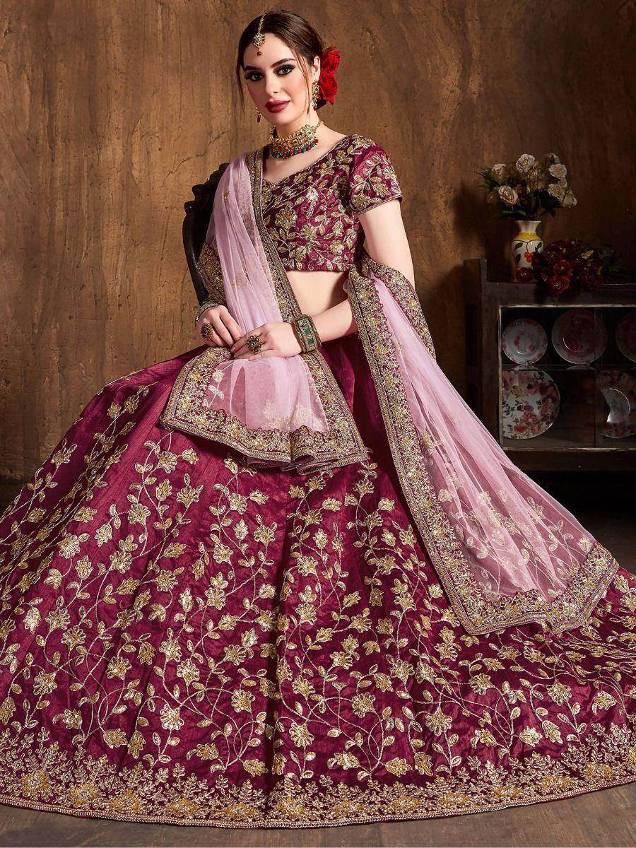 Stunning Maroon Sequins Raw Silk Lehenga Choli With Soft Net Dupatta - Zeel Clothing