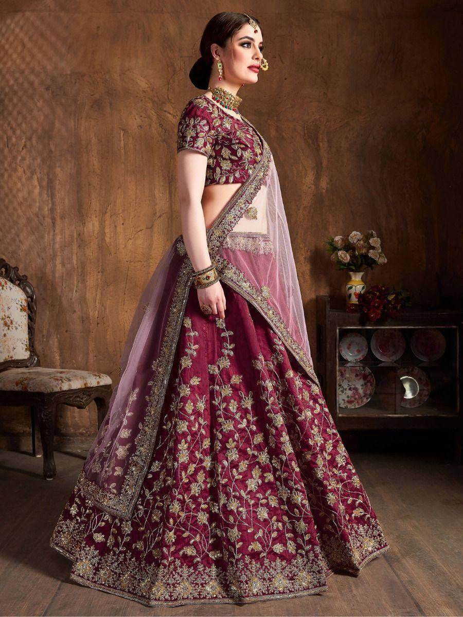 Stunning Maroon Sequins Raw Silk Lehenga Choli With Soft Net Dupatta - Zeel Clothing