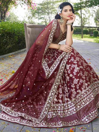 Stunning Maroon Zari Work Silk Bridesmaids Lehenga Choli With Dupatta - Zeel Clothing