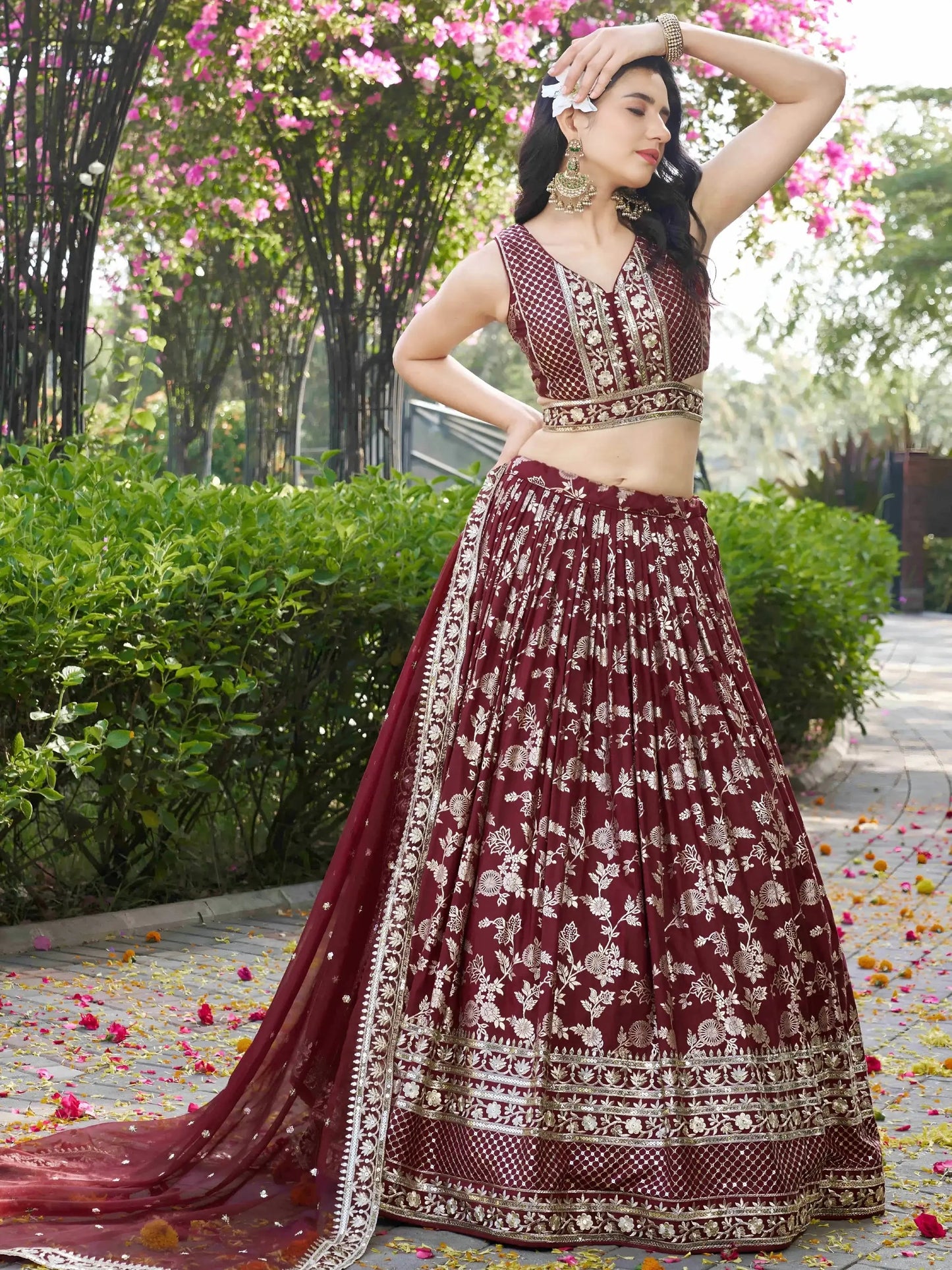 Stunning Maroon Zari Work Silk Bridesmaids Lehenga Choli With Dupatta - Zeel Clothing