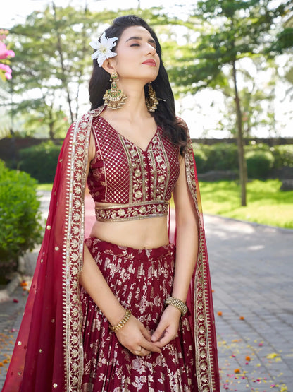 Stunning Maroon Zari Work Silk Bridesmaids Lehenga Choli With Dupatta - Zeel Clothing