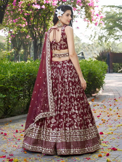Stunning Maroon Zari Work Silk Bridesmaids Lehenga Choli With Dupatta - Zeel Clothing