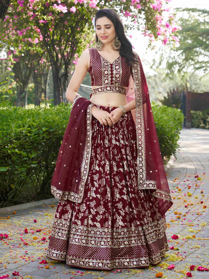 Stunning Maroon Zari Work Silk Bridesmaids Lehenga Choli With Dupatta - Zeel Clothing