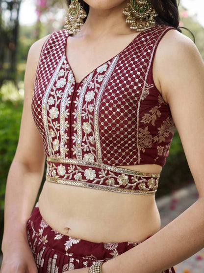 Stunning Maroon Zari Work Silk Bridesmaids Lehenga Choli With Dupatta - Zeel Clothing