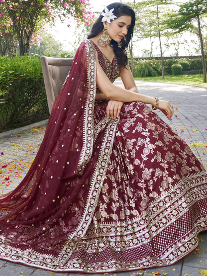 Stunning Maroon Zari Work Silk Bridesmaids Lehenga Choli With Dupatta - Zeel Clothing