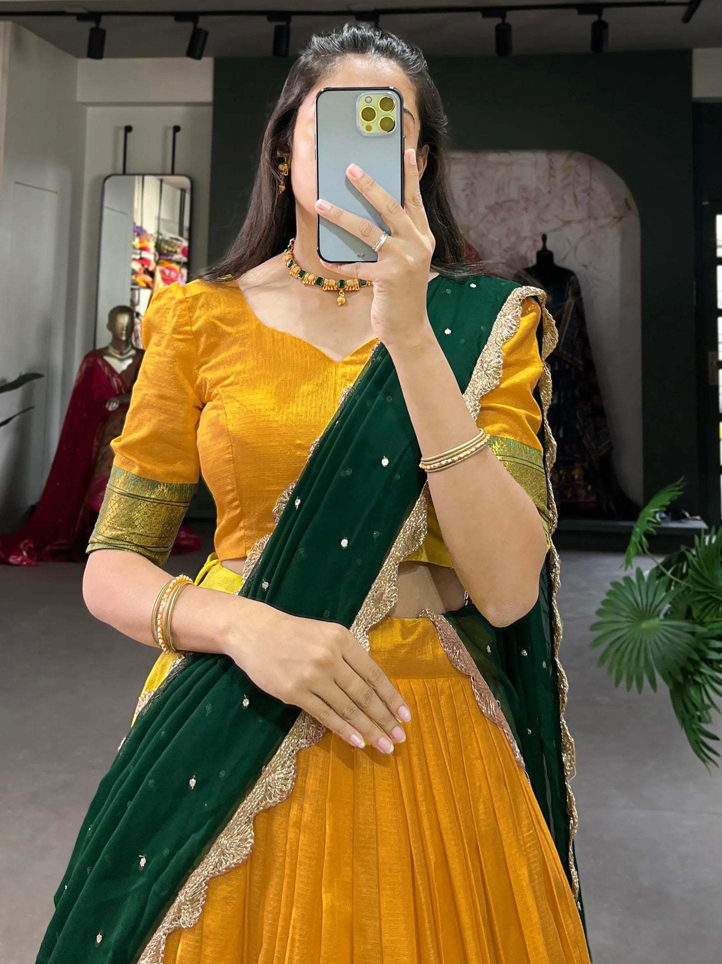 Stunning Mustard Yellow Thread Work Cotton Haldi Wear Half Saree Lehenga - Zeel Clothing