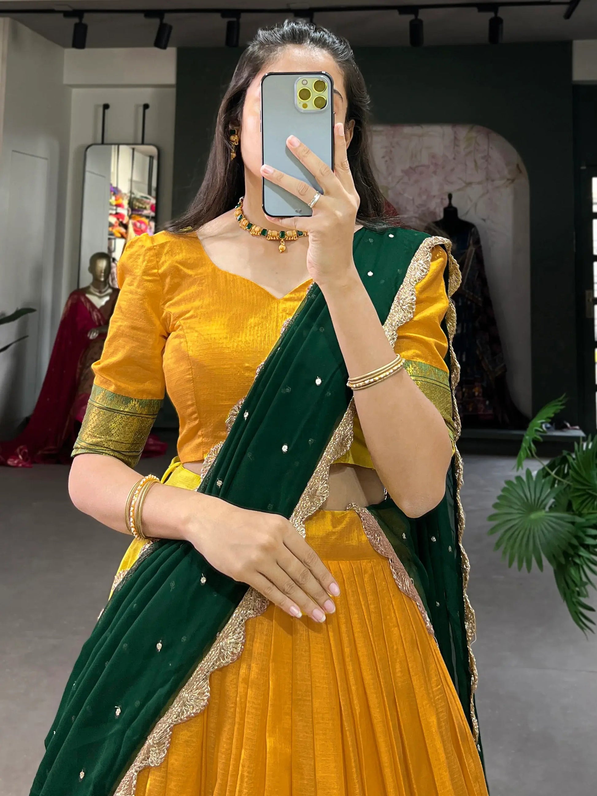 Stunning Mustard Yellow Thread Work Cotton Haldi Wear Half Saree Lehenga - Zeel Clothing