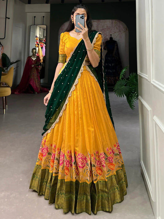 Stunning Mustard Yellow Thread Work Cotton Haldi Wear Half Saree Lehenga - Zeel Clothing