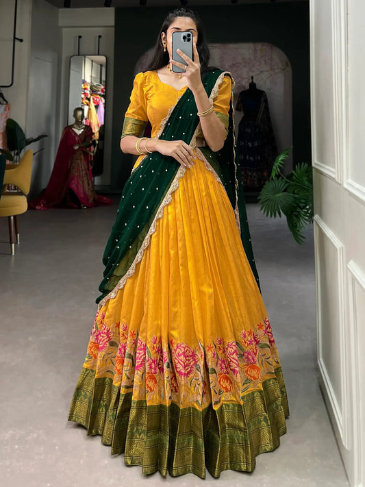 Stunning Mustard Yellow Thread Work Cotton Haldi Wear Half Saree Lehenga - Zeel Clothing