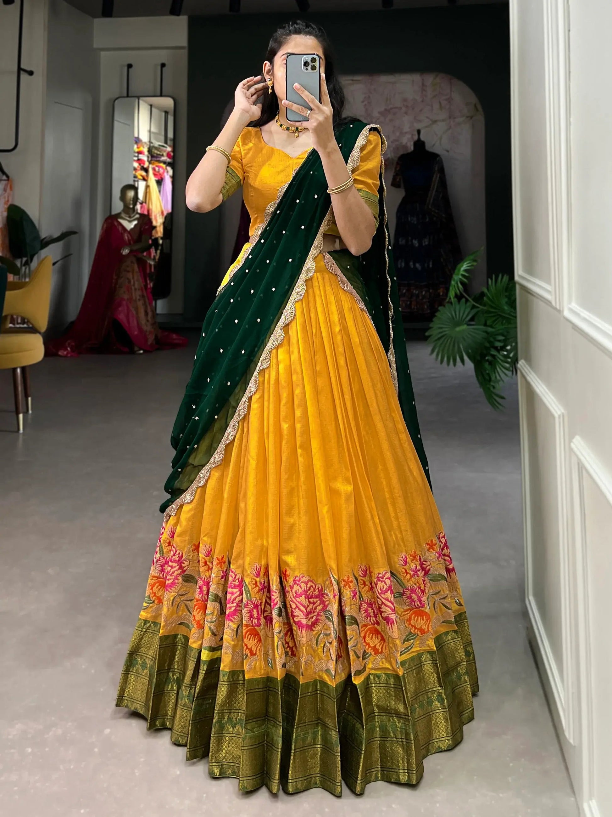 Stunning Mustard Yellow Thread Work Cotton Haldi Wear Half Saree Lehenga - Zeel Clothing
