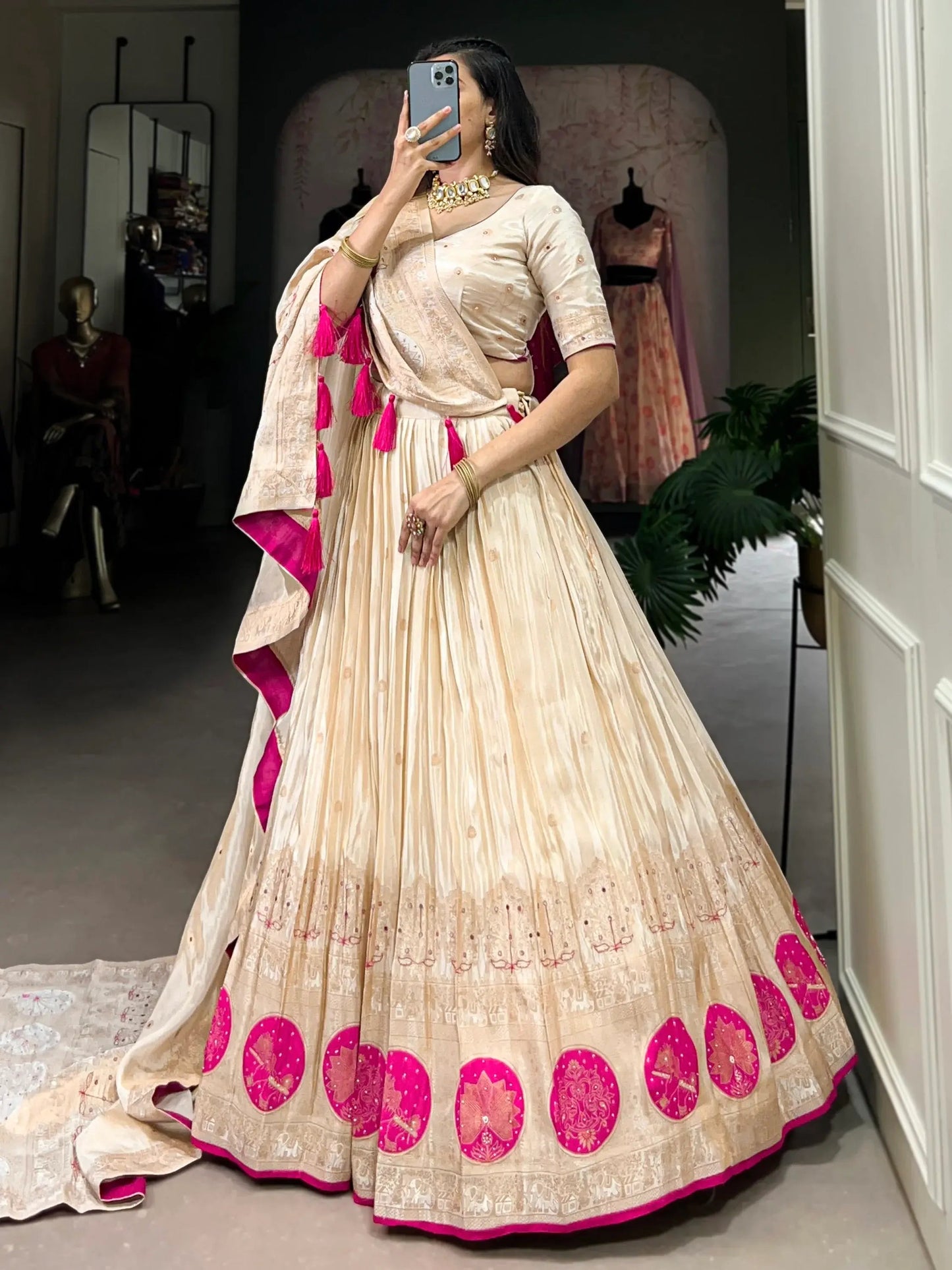 Stunning Off-White Mirror Work Silk Festive Wear Lehenga Choli - Zeel Clothing