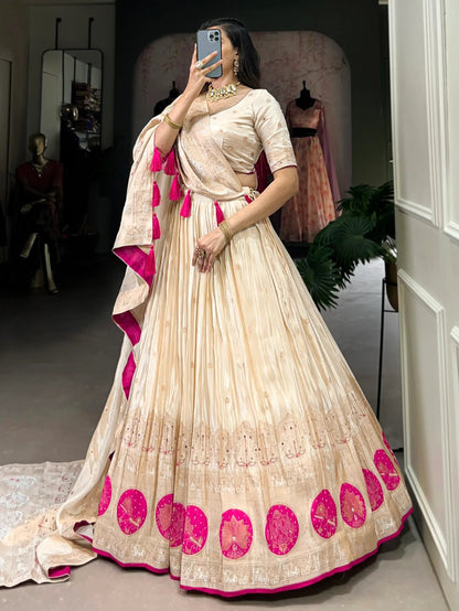 Stunning Off-White Mirror Work Silk Festive Wear Lehenga Choli - Zeel Clothing
