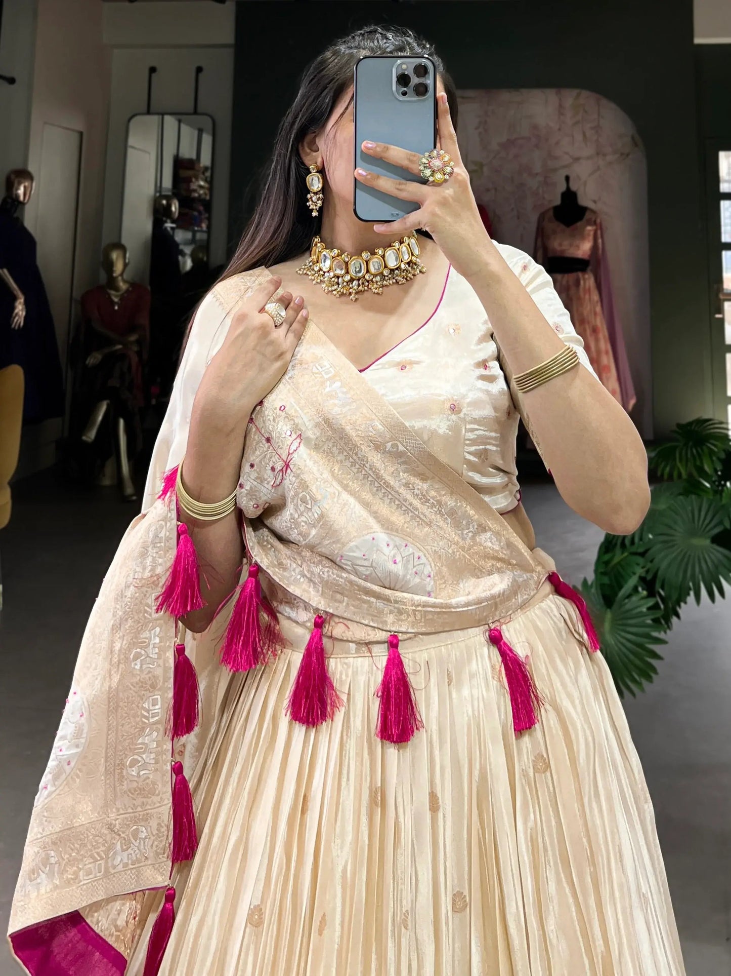 Stunning Off-White Mirror Work Silk Festive Wear Lehenga Choli - Zeel Clothing