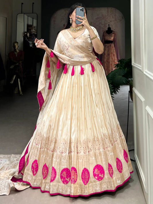 Stunning Off-White Mirror Work Silk Festive Wear Lehenga Choli - Zeel Clothing