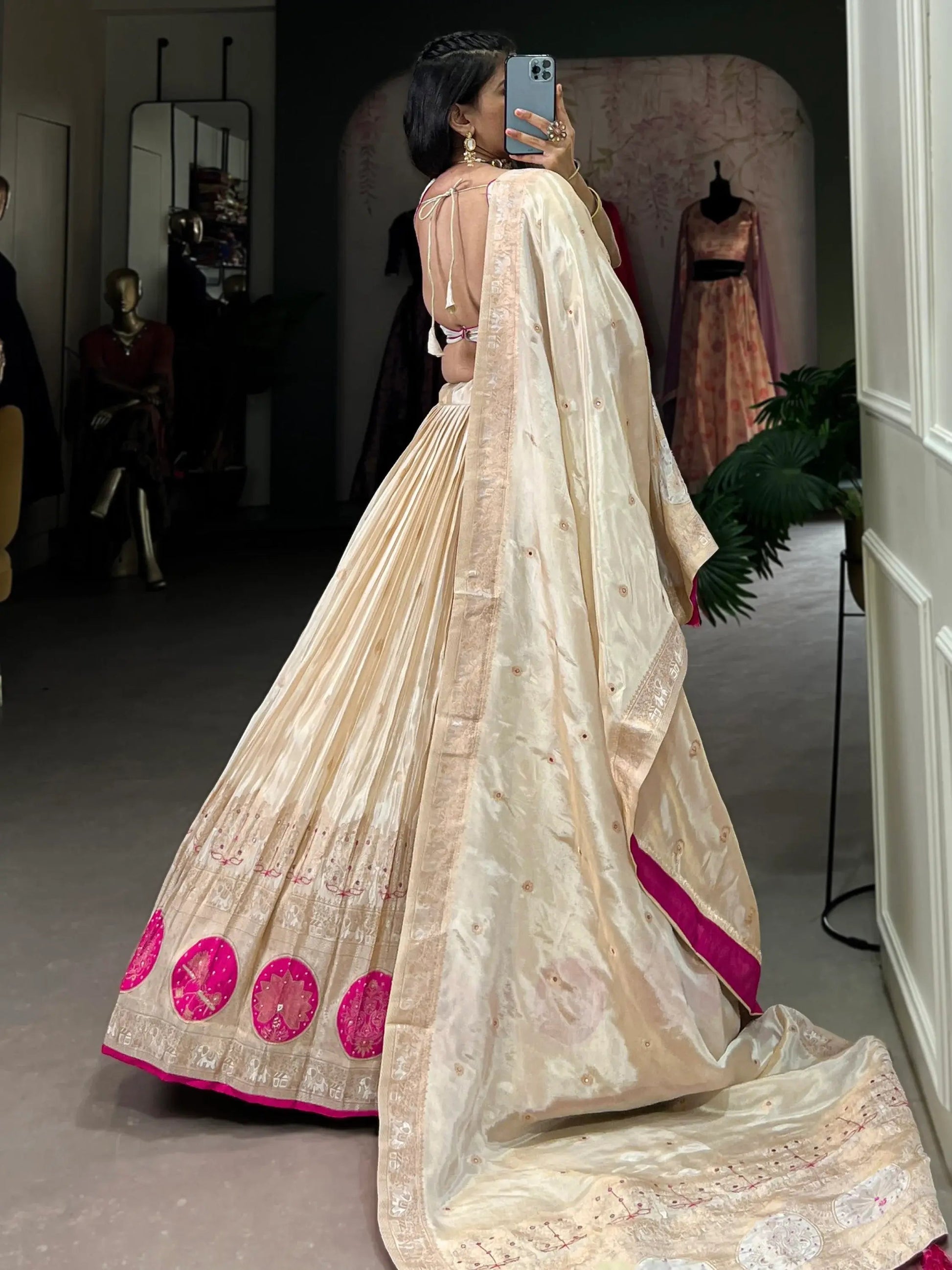 Stunning Off-White Mirror Work Silk Festive Wear Lehenga Choli - Zeel Clothing