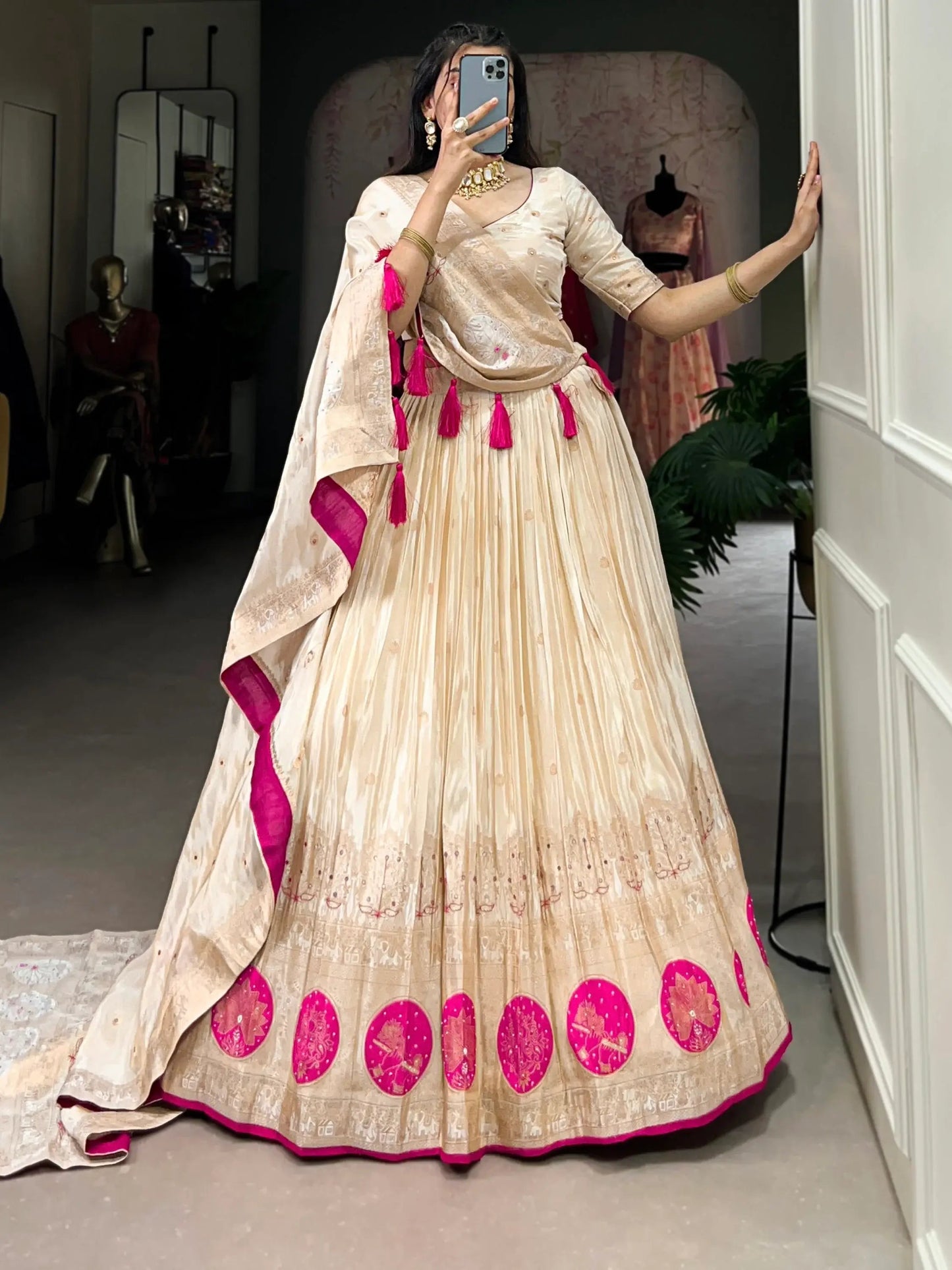 Stunning Off-White Mirror Work Silk Festive Wear Lehenga Choli - Zeel Clothing