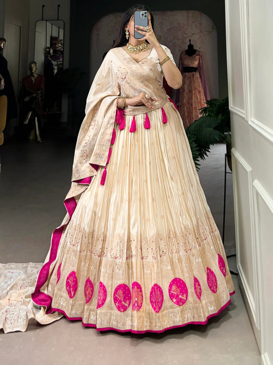 Stunning Off-White Mirror Work Silk Festive Wear Lehenga Choli - Zeel Clothing