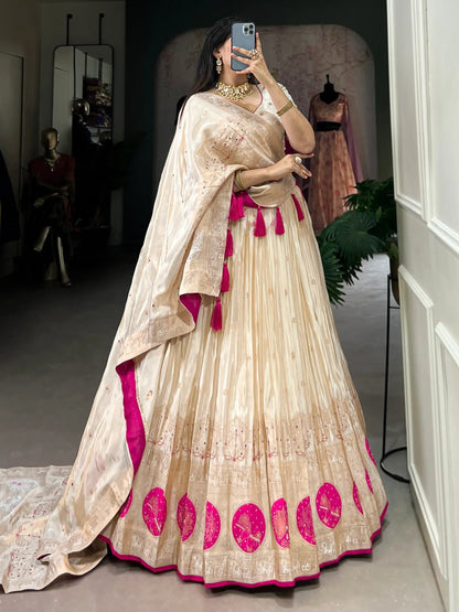 Stunning Off-White Mirror Work Silk Festive Wear Lehenga Choli - Zeel Clothing