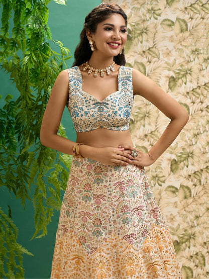 Stunning Off-White Printed Art Silk Wedding Lehenga Choli With Dupatta - Zeel Clothing