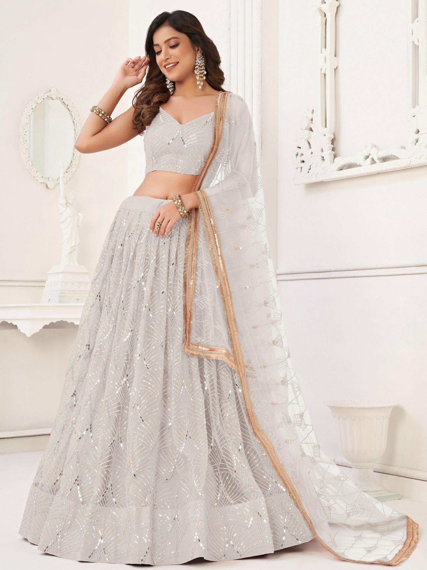 Stunning Off-White Sequins Net Wedding Wear Lehenga Choli With Dupatta - Zeel Clothing
