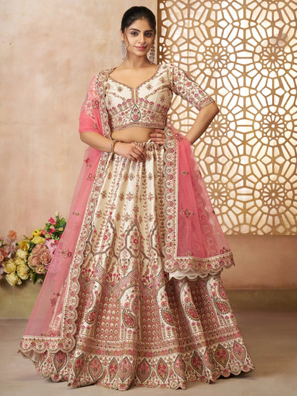 Stunning Off-White Thread Work Silk Wedding Lehenga Choli - Zeel Clothing